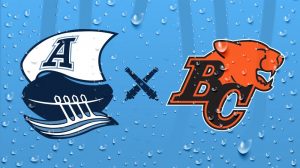 Image shows Toronto Argonaut logo on the left and BC Lions logo on the right. The logos are placed on a blue background.